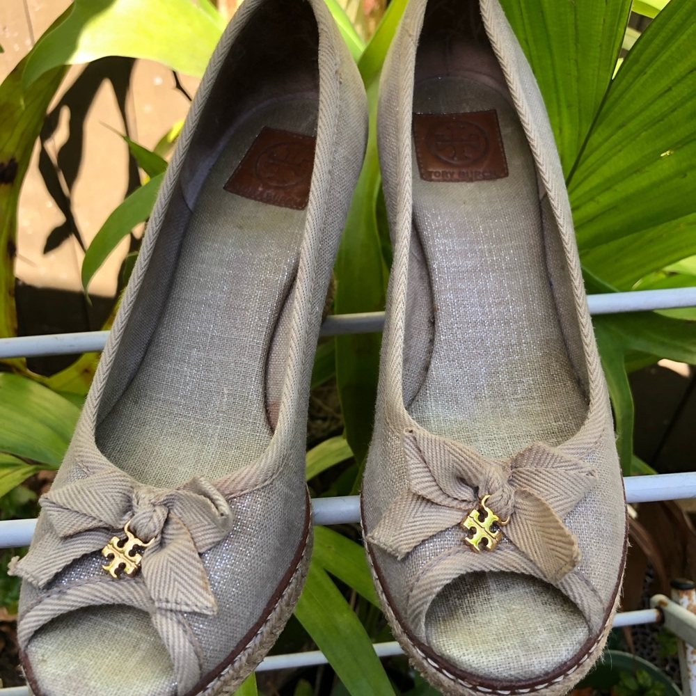Tory Burch Beige Linen Peep-Toe Wedges with Gold Logo Accent